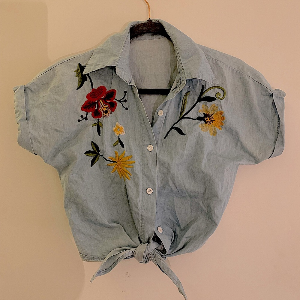 Madewell Tied Feaux-Denim Crop (Floral Hand Sewn Applices)